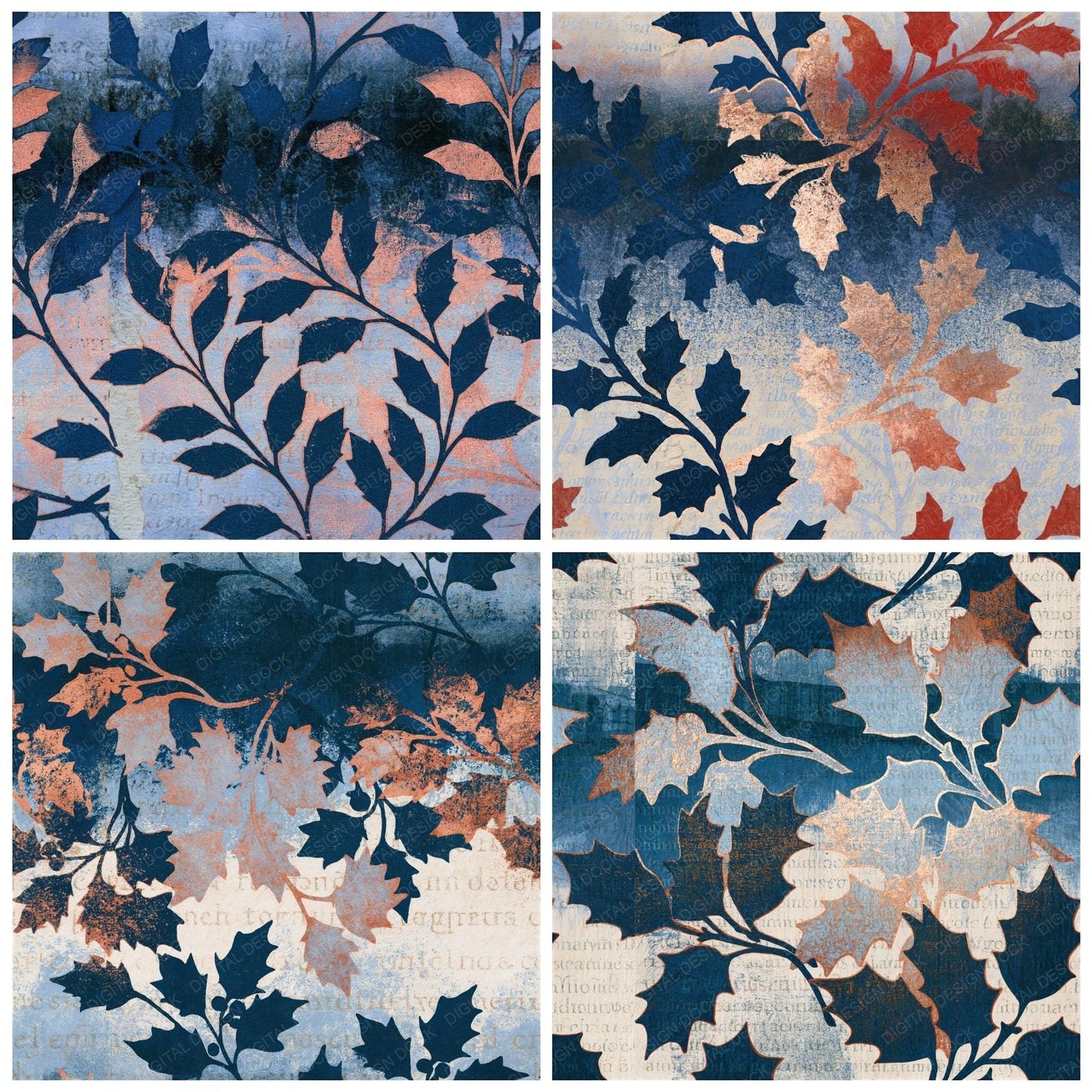 Monoprint Holly Navy Bone Seamless Digital Paper Pack (DDD015330)