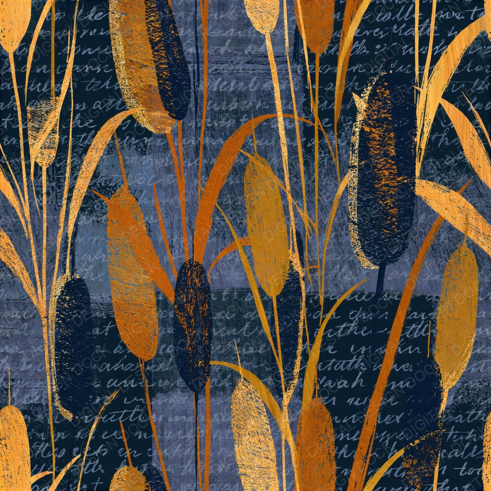 Scratchboard Cattails Wheat Gold Seamless Digital Paper Pack (DDD015335)