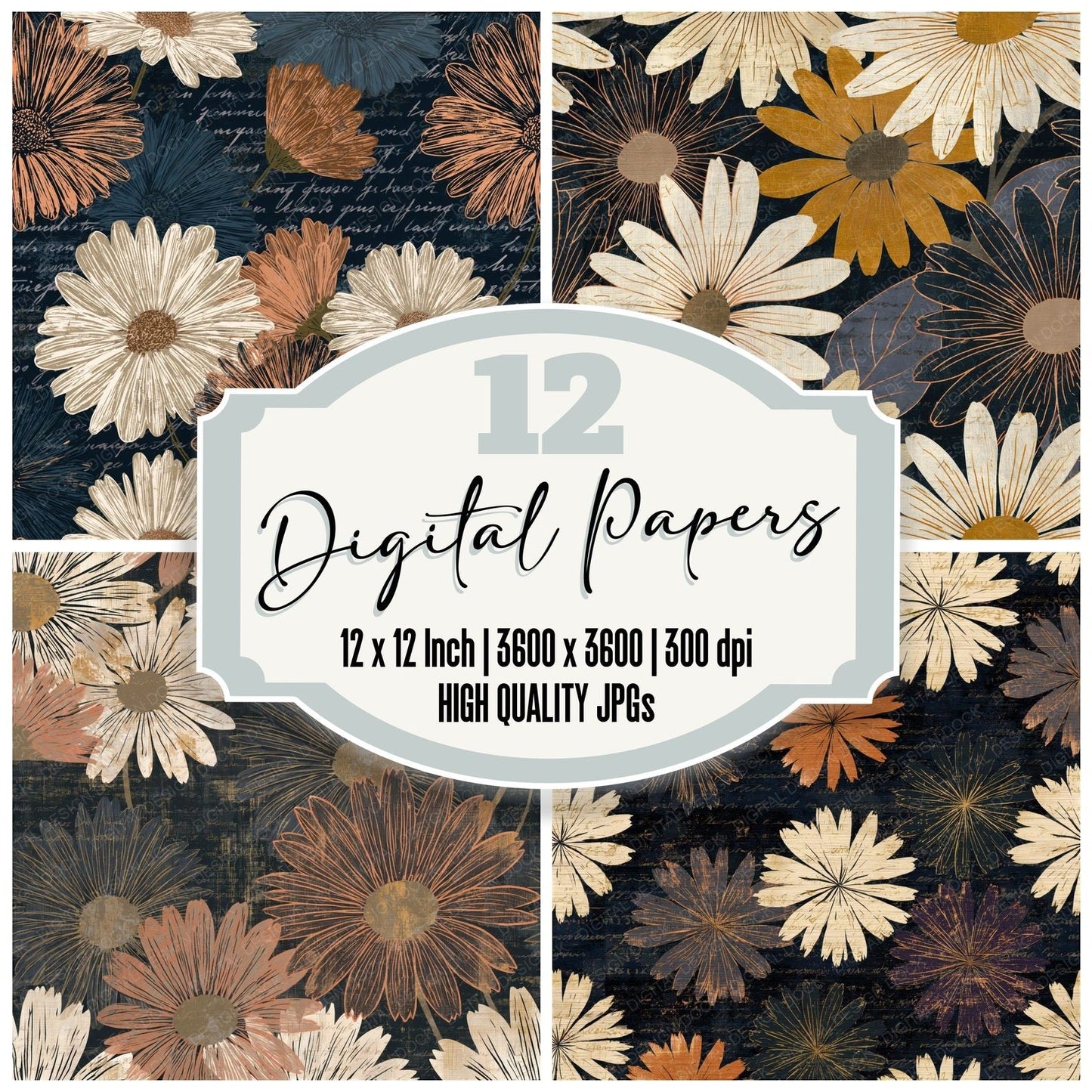 Scratchboard Daisy Oyster Parchment Seamless Digital Paper Pack (DDD015336)