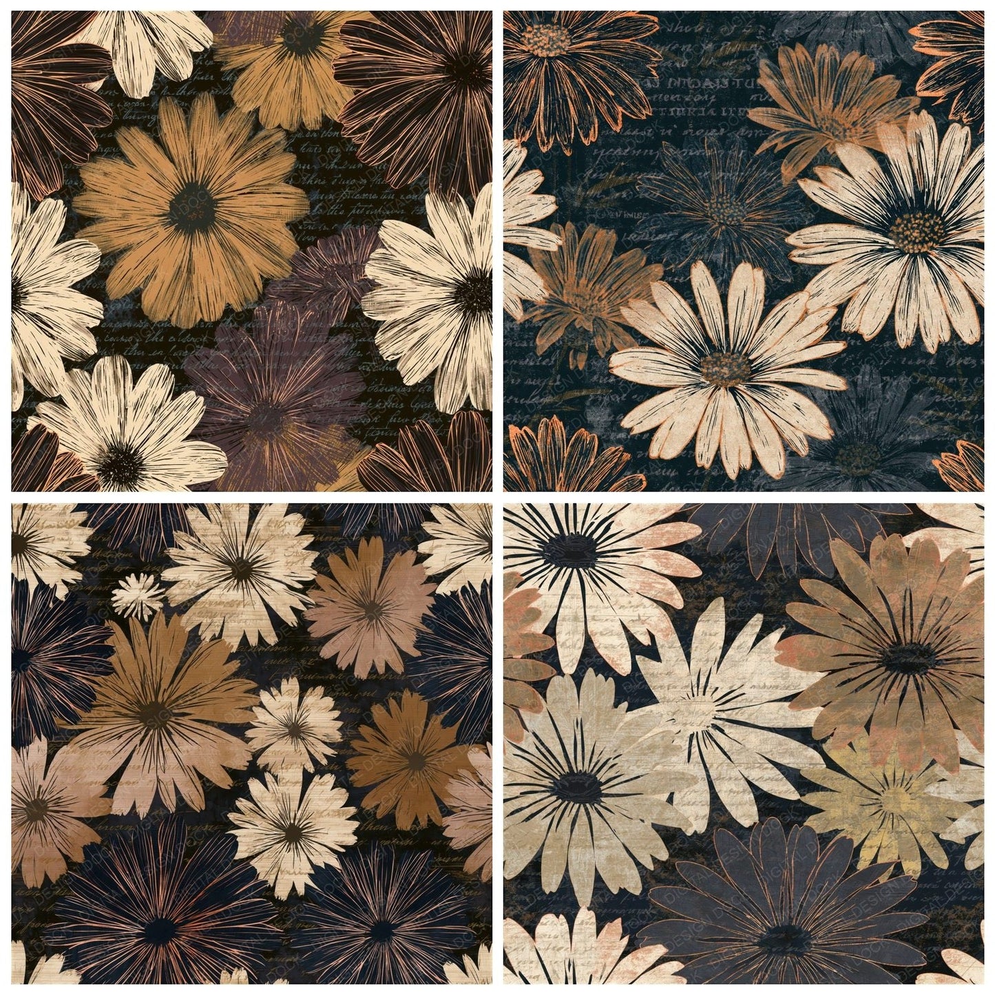 Scratchboard Daisy Oyster Parchment Seamless Digital Paper Pack (DDD015336)