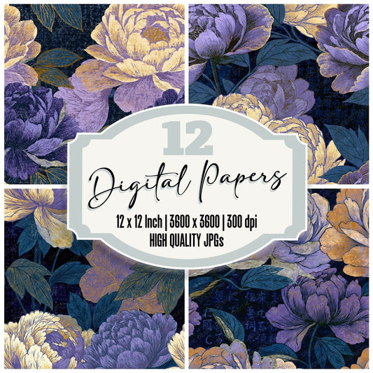 Scratchboard Peonies Lavender Seamless digital paper pack cover showing four of the 12 papers