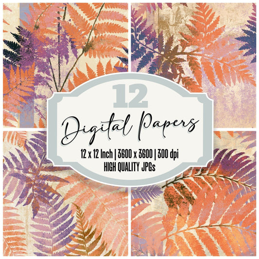 Screenprint Fern Tangerine Lavender Seamless digital paper pack cover showing four of the 12 papers