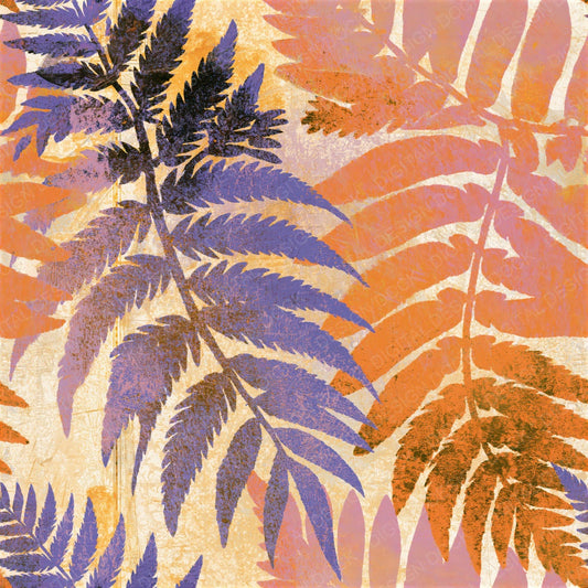 Single Screenprint Fern Tangerine Lavender Seamless digital paper shown full size