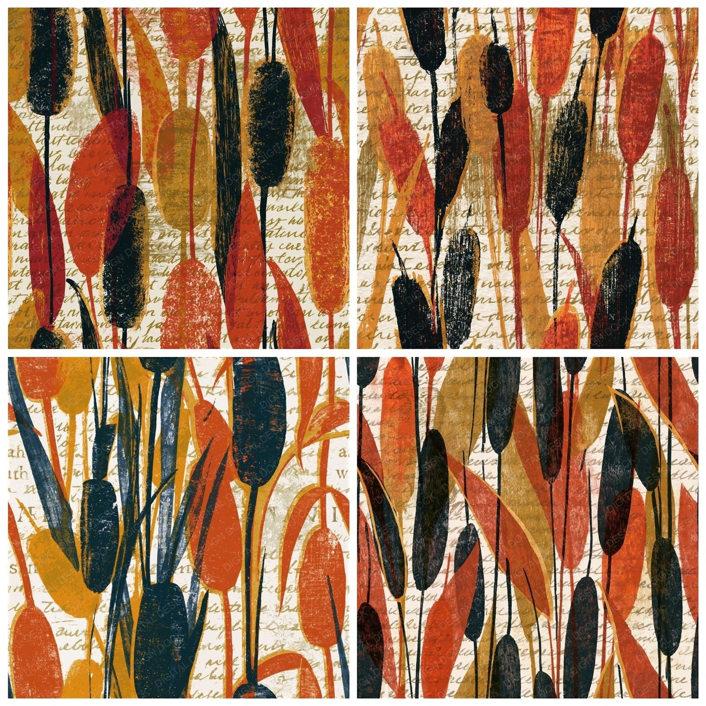 Woodcut Cattails Terracotta Mustard Seamless Digital Paper Pack (DDD015341)