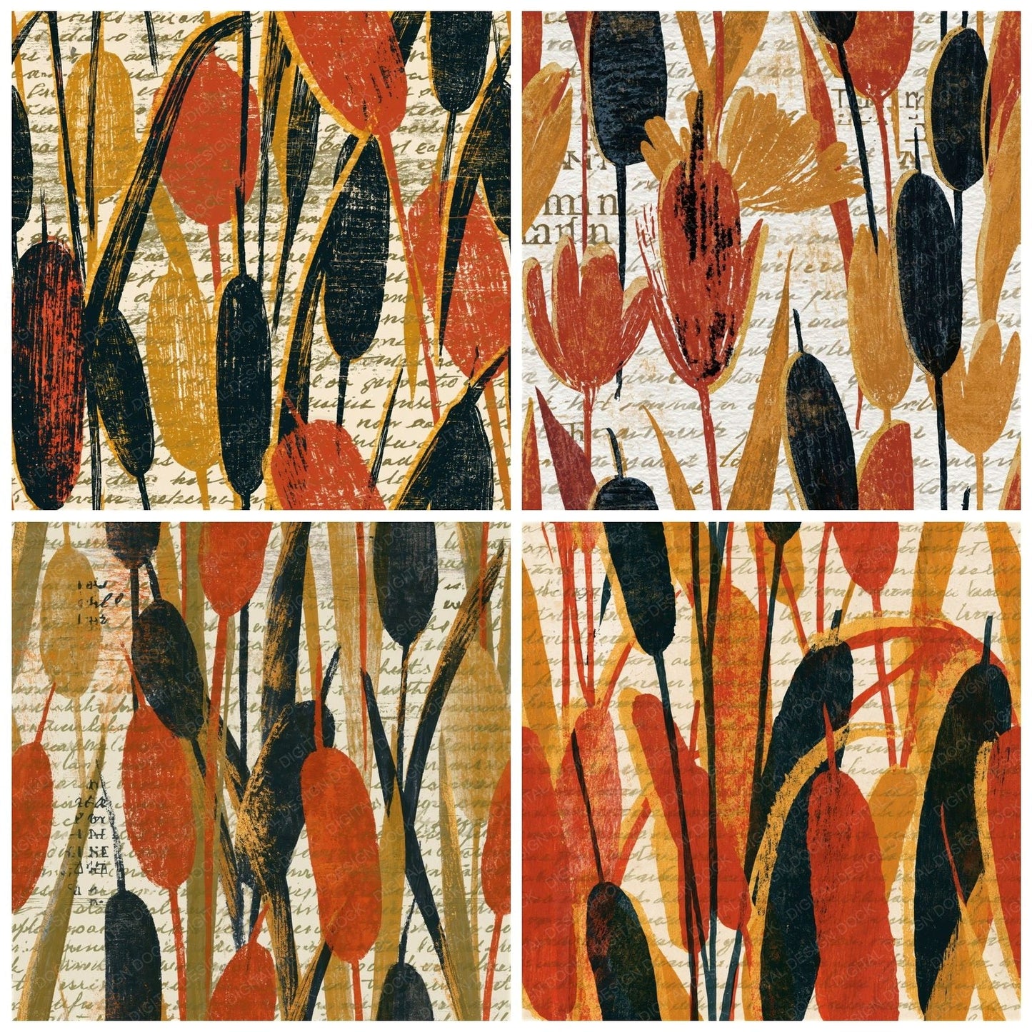 Woodcut Cattails Terracotta Mustard Seamless Digital Paper Pack (DDD015341)