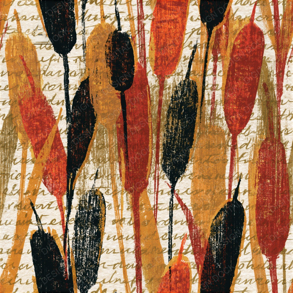 Woodcut Cattails Terracotta Mustard Seamless Digital Paper Pack (DDD015341)