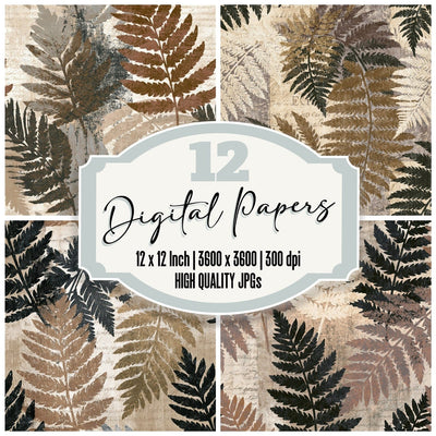 Woodcut Fern Mushroom Ivory Seamless digital paper pack cover showing four of the 12 papers