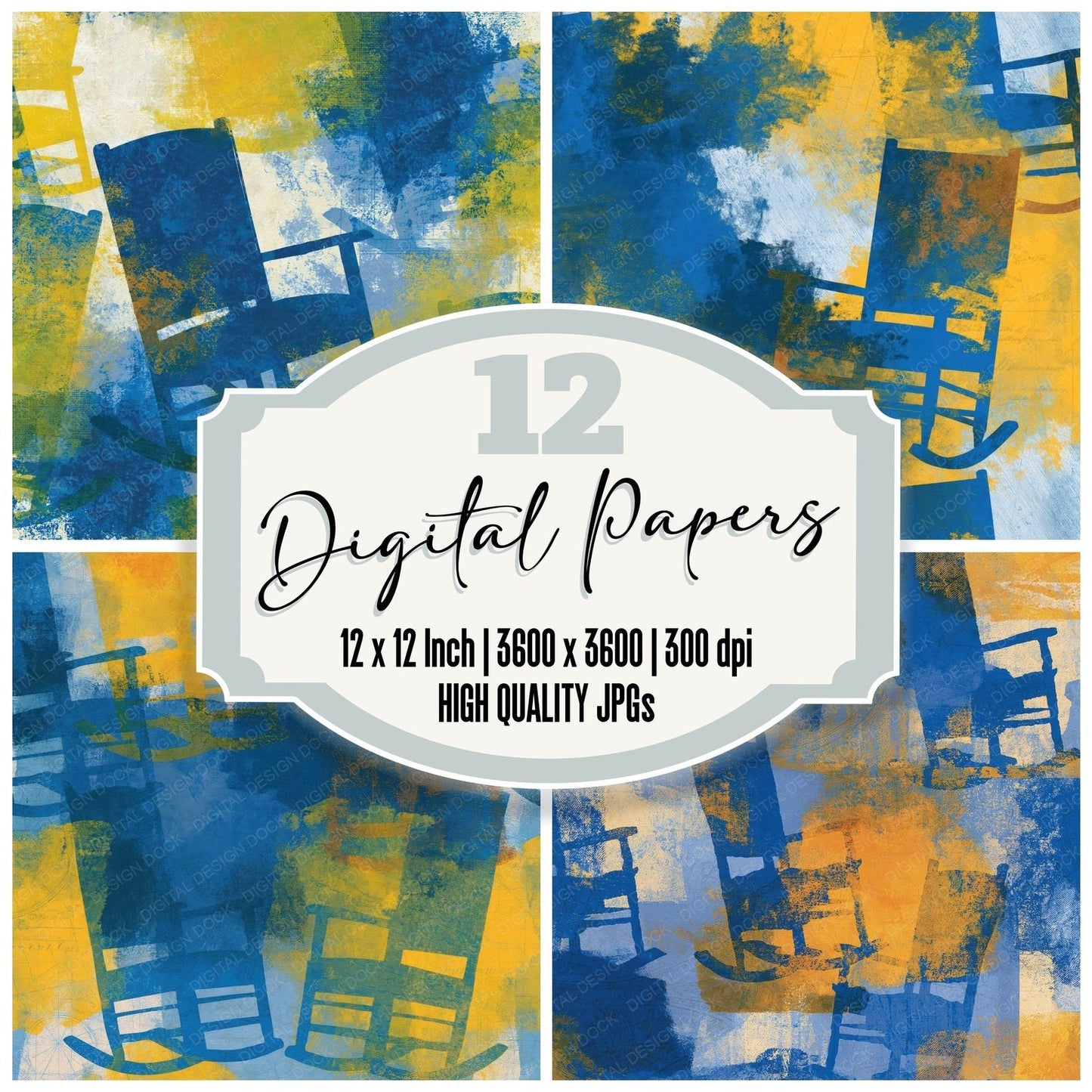 Egg Tempera Rocking Chairs Cobalt Lemon Digital Paper Pack (DDD015348)