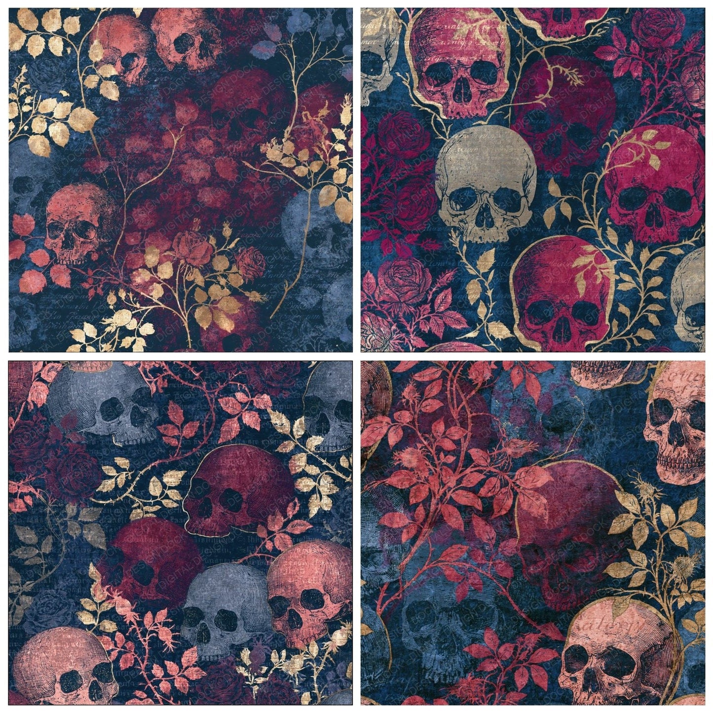Etching Skull Roses Wine Navy Digital Paper Pack (DDD015351)