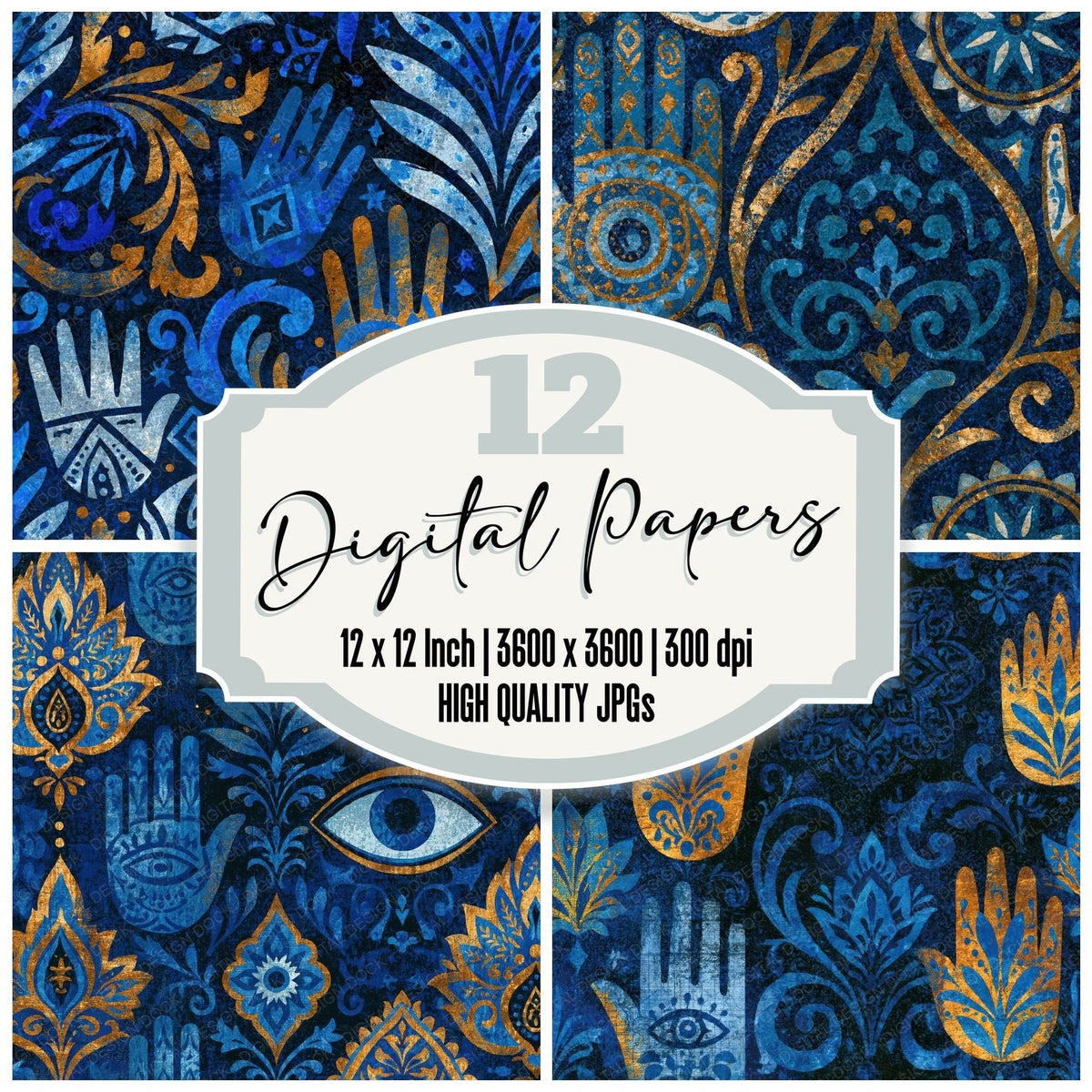 Baroque Palm Reading Electric Blue Navy digital paper pack cover showing four of the 12 papers