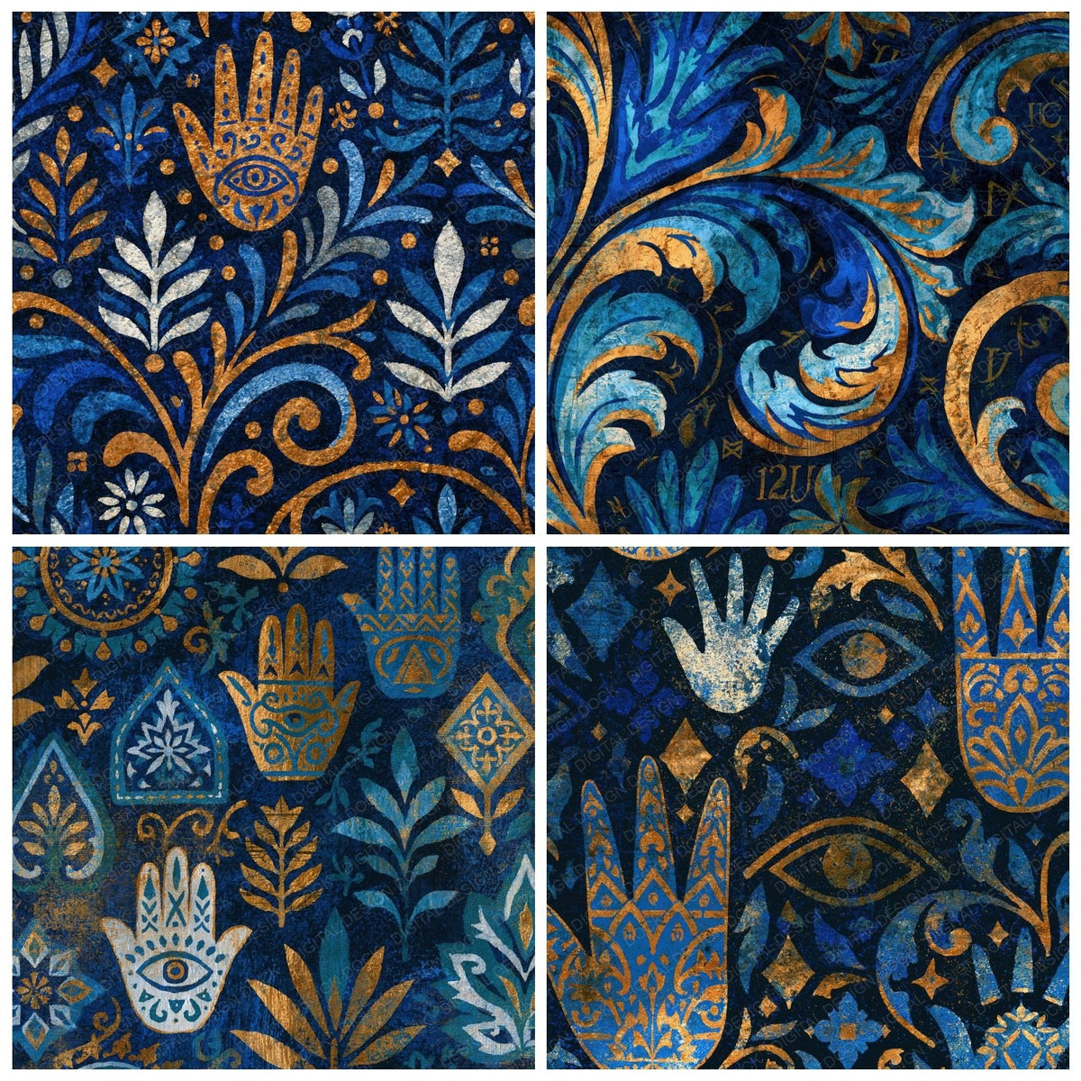 Four Baroque Palm Reading Electric Blue Navy digital papers from the pack shown in a grid