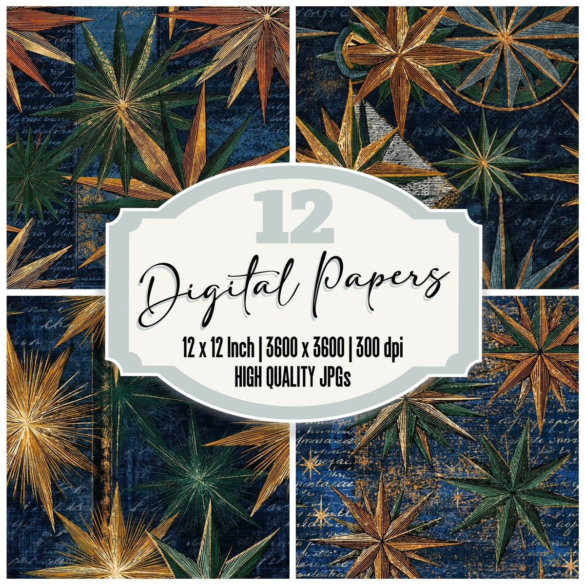 Engraving Wind Rose Palm Ochre Seamless digital paper pack cover showing four of the 12 papers