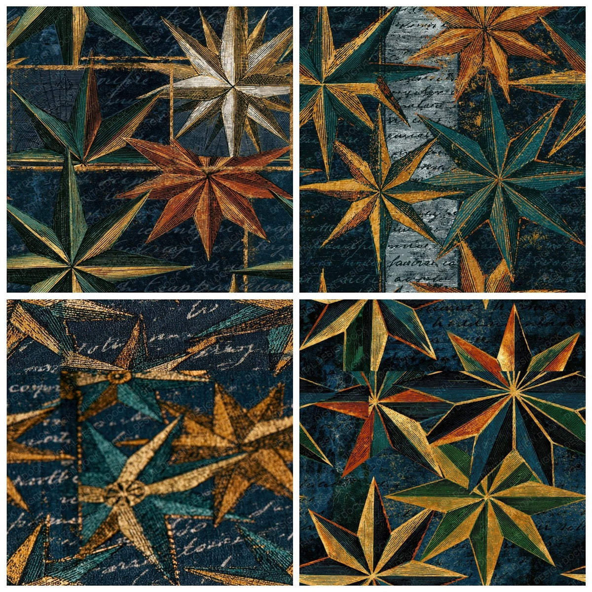 Four more Engraving Wind Rose Palm Ochre Seamless digital papers from the pack shown in a grid