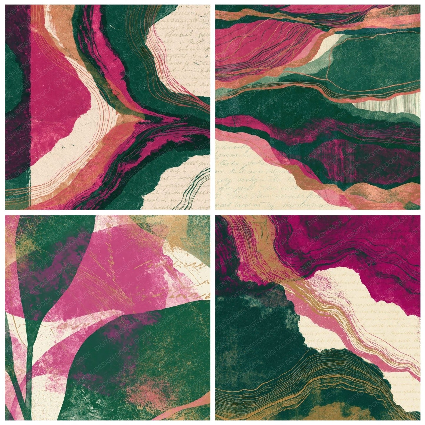 Etching Magenta Jungle Green Abstract Digital Paper Pack (DDD015393)
