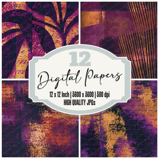 Monoprint Aubergine Brass Plum Abstract Seamless Digital Paper Pack (DDD015411)