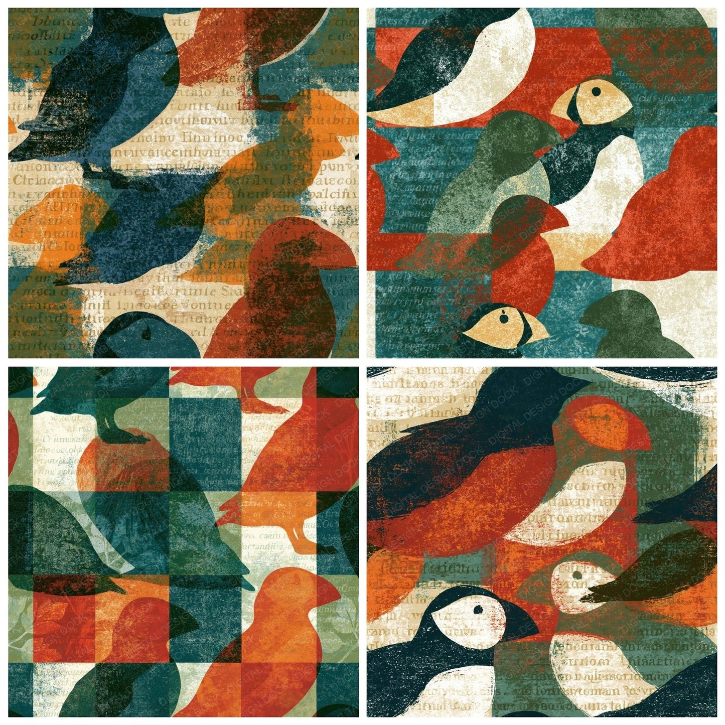 Screenprint Puffins Rust Moss Seamless Digital Paper Pack (DDD015416)