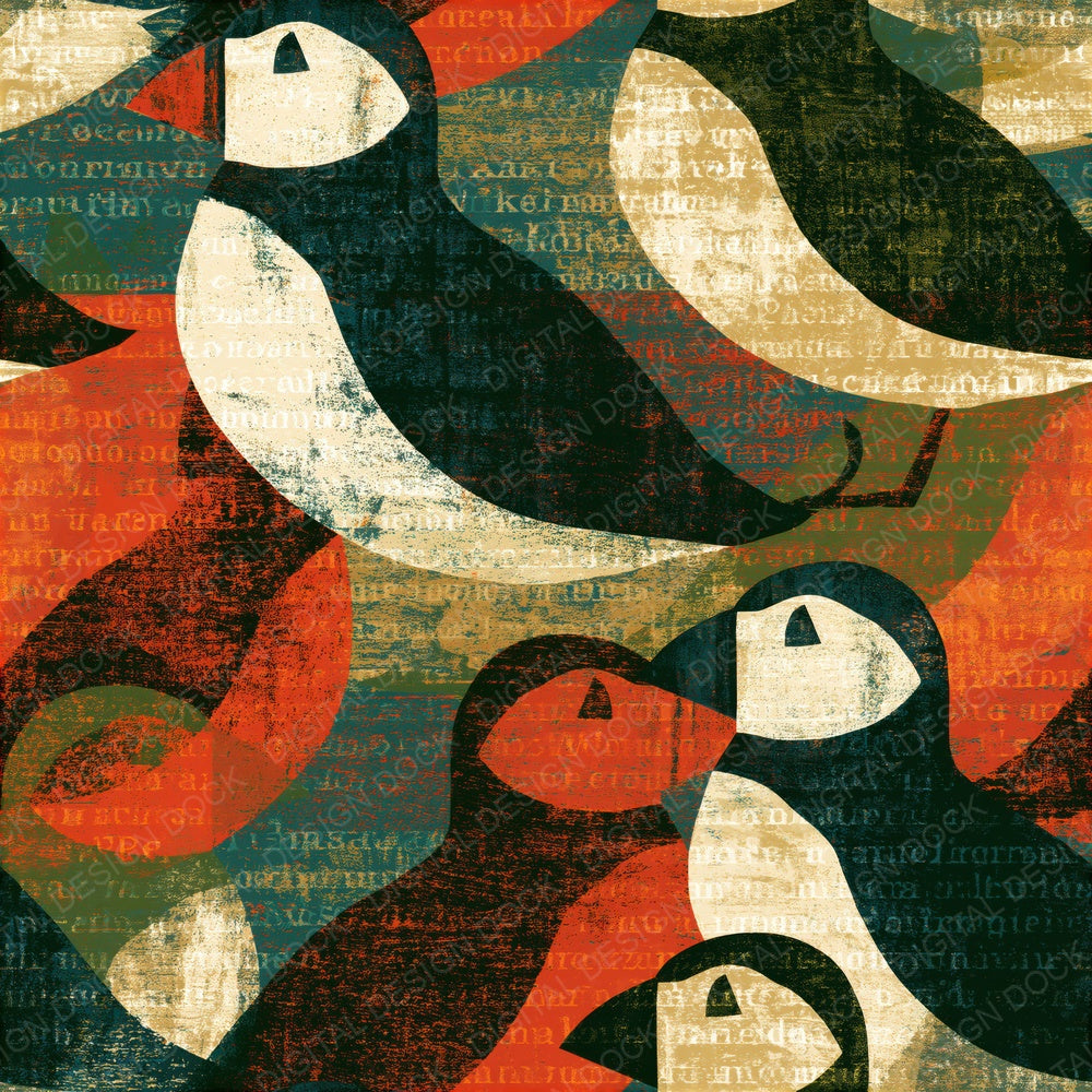 Screenprint Puffins Rust Moss Seamless Digital Paper Pack (DDD015416)