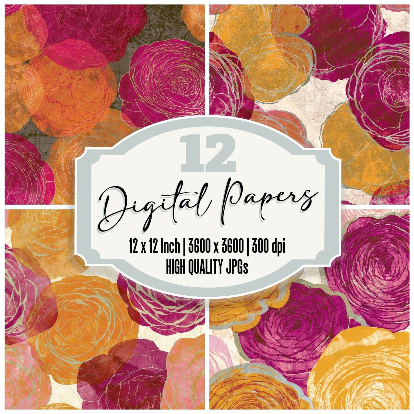 Woodblock Ranunculus Amber Magenta Digital Paper Pack (DDD015421)