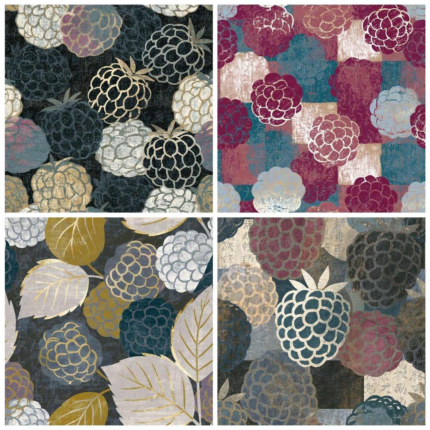 Woodcut Raspberries Gunmetal Pearl Digital Paper Pack (DDD015424)