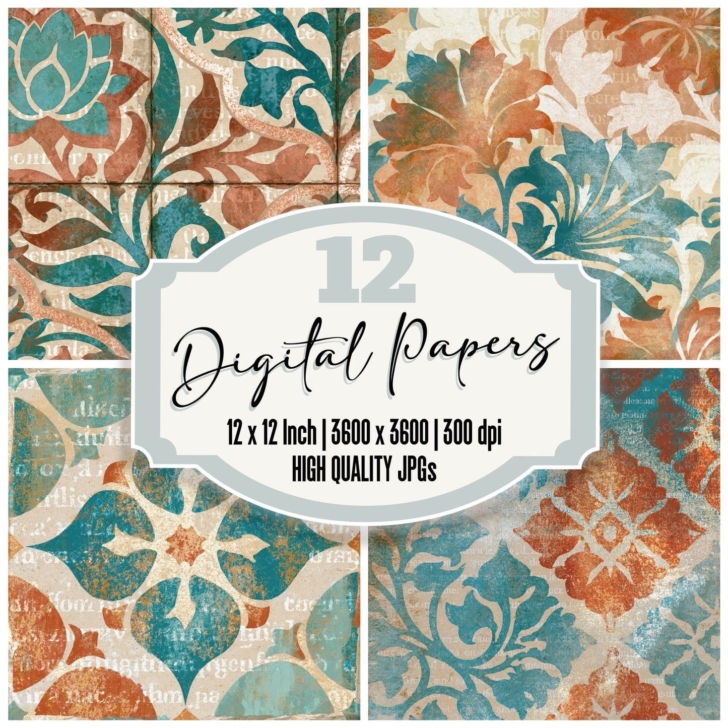Indian Block Print Rust Turquoise Abstract Digital Paper Pack (DDD015426)