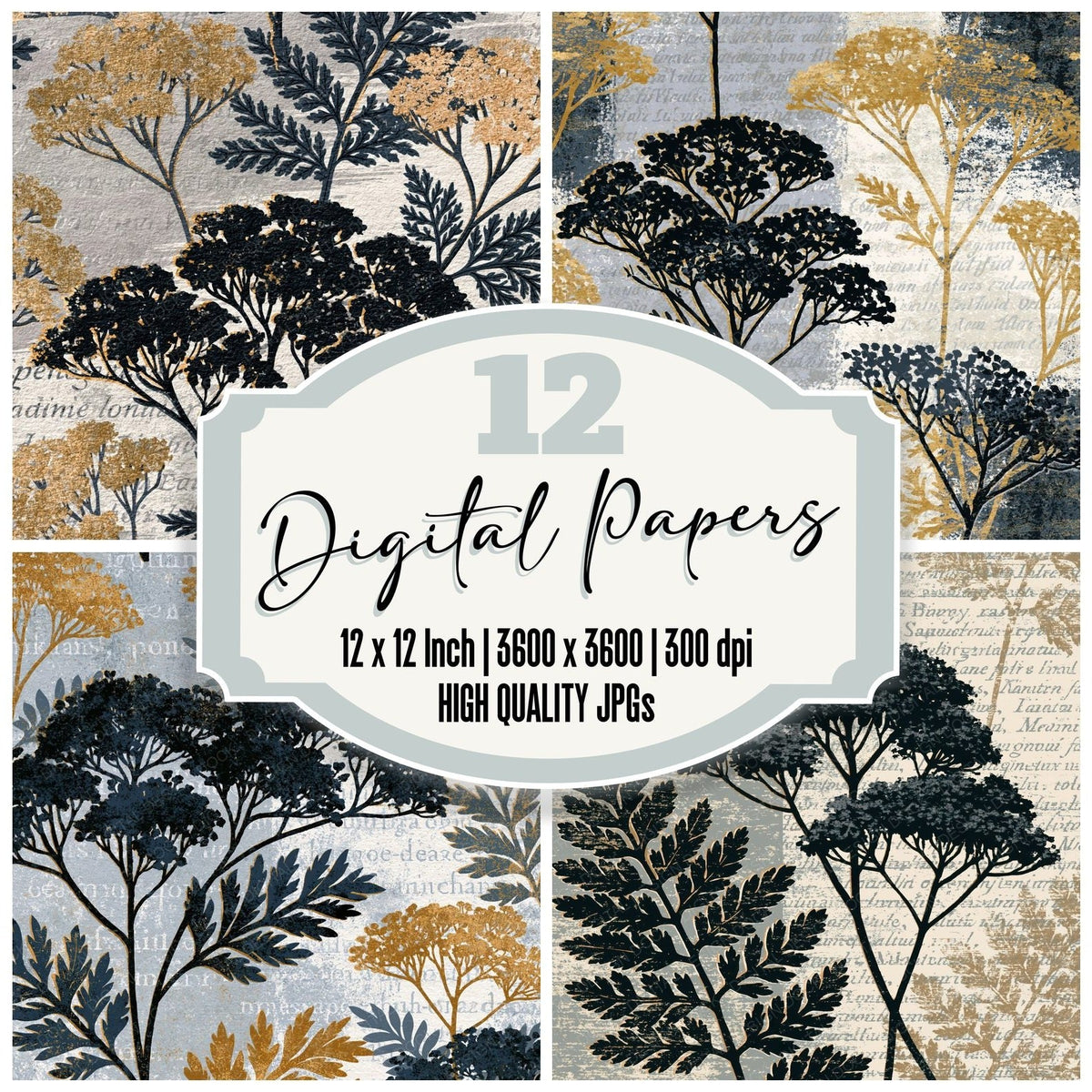 Risograph Yarrow Dove Grey Charcoal digital paper pack cover showing four of the 12 papers