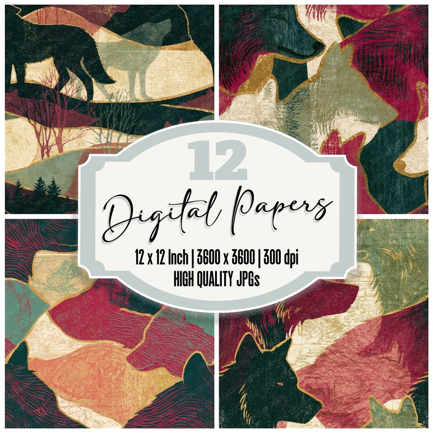 Scratchboard Wolf Pistachio Raspberry Seamless Digital Paper Pack (DDD015438)