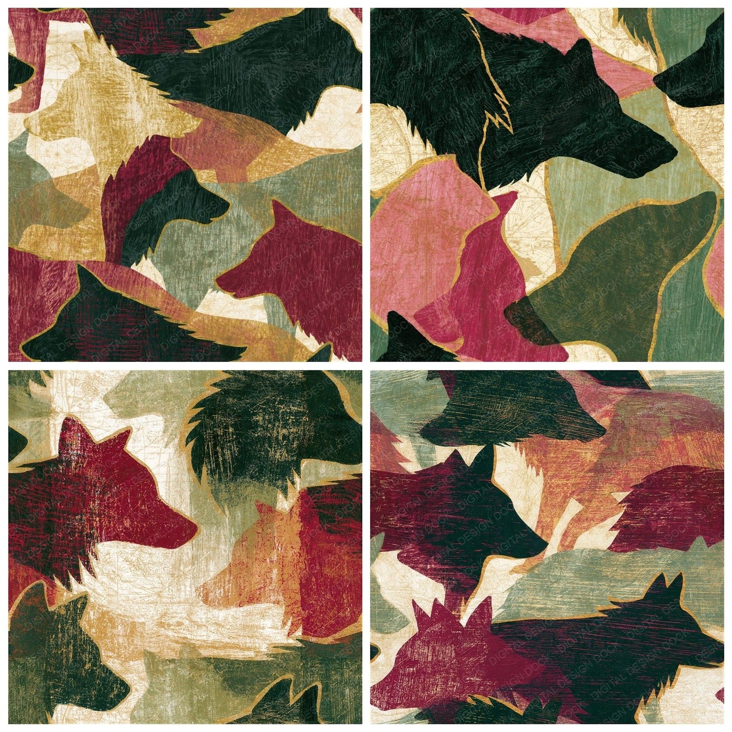 Scratchboard Wolf Pistachio Raspberry Seamless Digital Paper Pack (DDD015438)