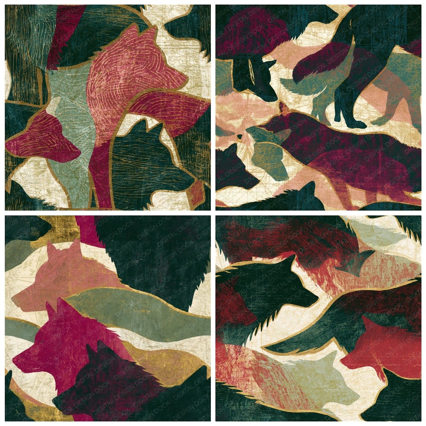 Scratchboard Wolf Pistachio Raspberry Seamless Digital Paper Pack (DDD015438)