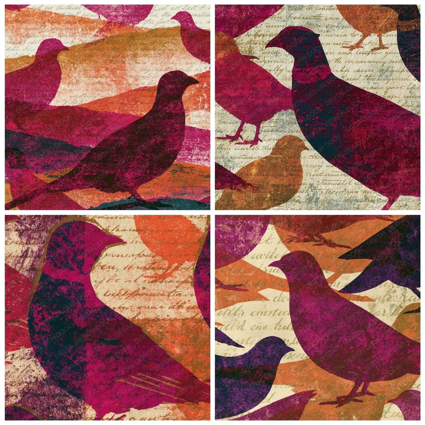 Screenprint Pheasant Magenta Burgundy Digital Paper Pack (DDD015441)