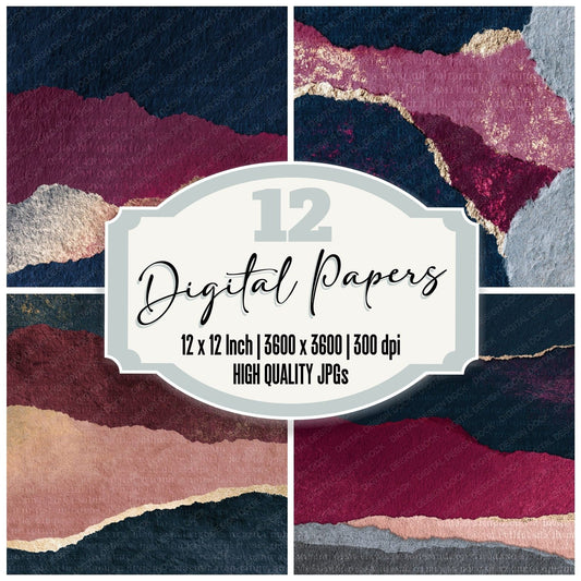 Torn Paper Rose Wine Pewter Abstract Digital Paper Pack (DDD015442)