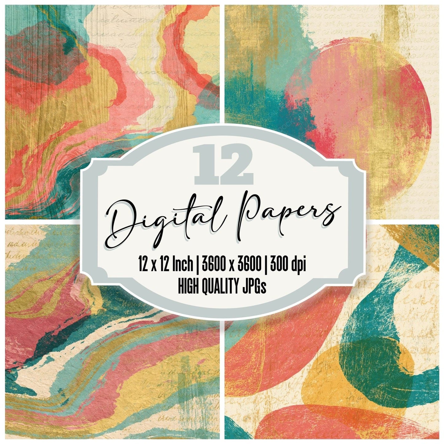 Woodcut Mint Strawberry Lemon Abstract Digital Paper Pack (DDD015443)