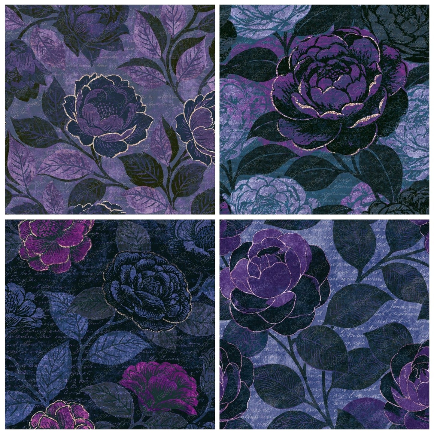 Indian Block Print Camellias Purple Charcoal Digital Paper Pack (DDD015448)