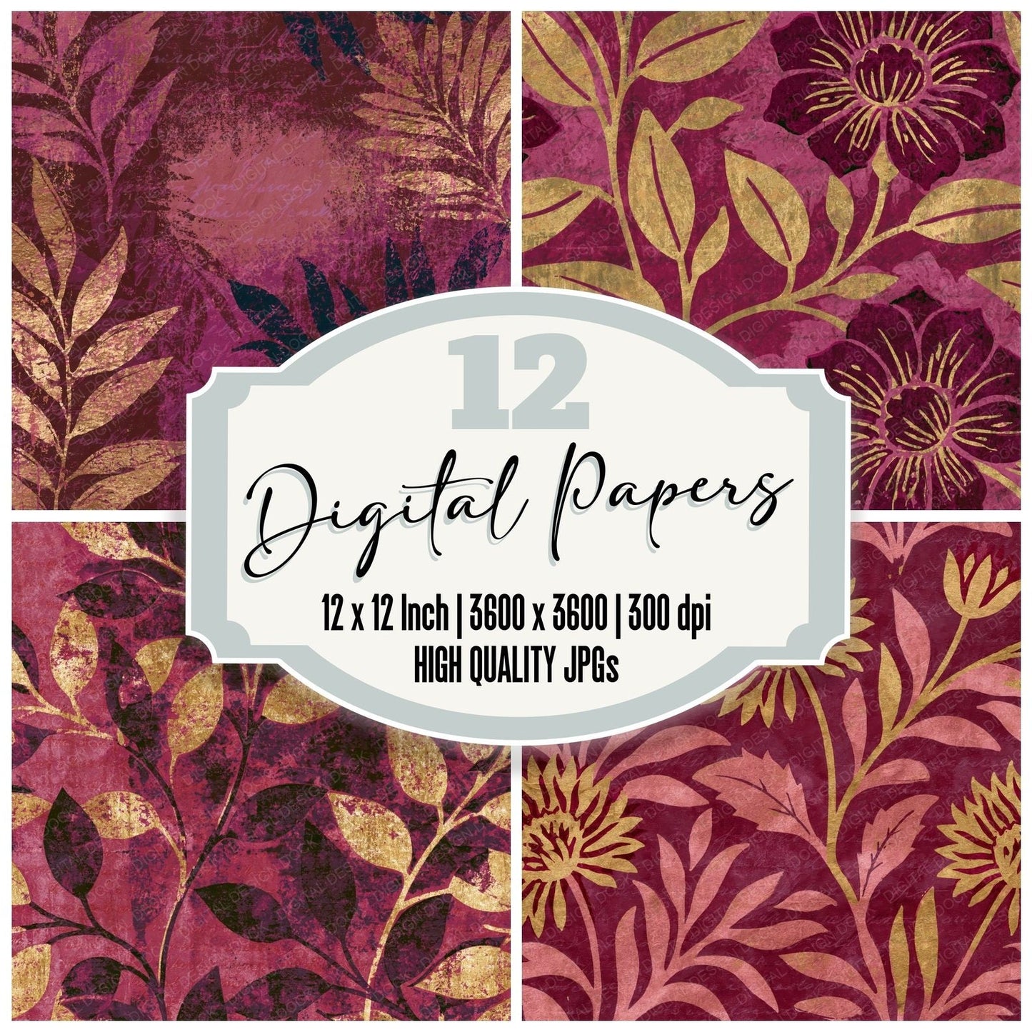 Indian Block Print Wine Rose Abstract Digital Paper Pack (DDD015451)