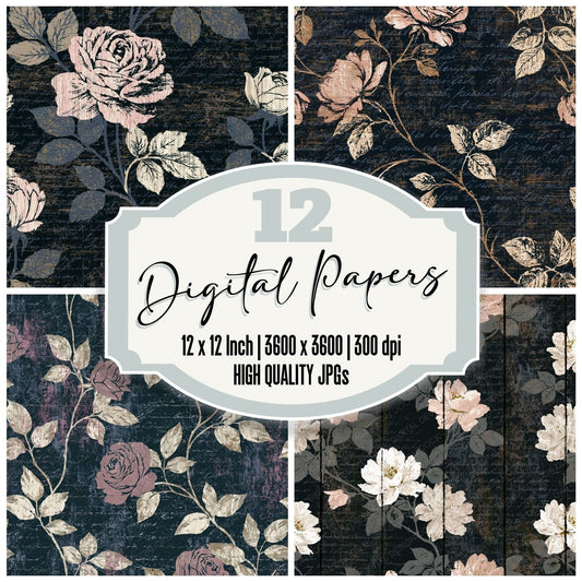 Scratchboard Climbing Roses Blush Bone digital paper pack cover showing four of the 12 papers