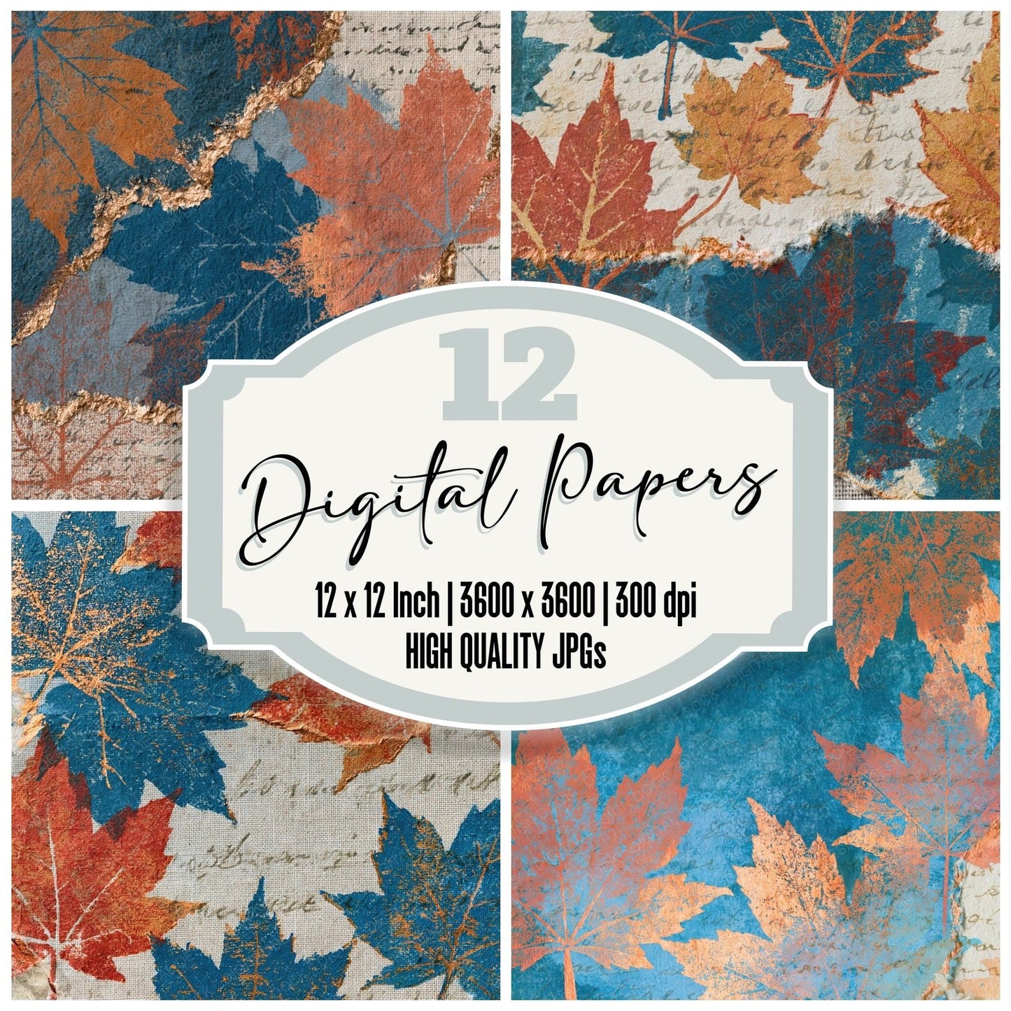 Torn Paper Maple Leaves Terracotta Azure Digital Paper Pack (DDD015458)