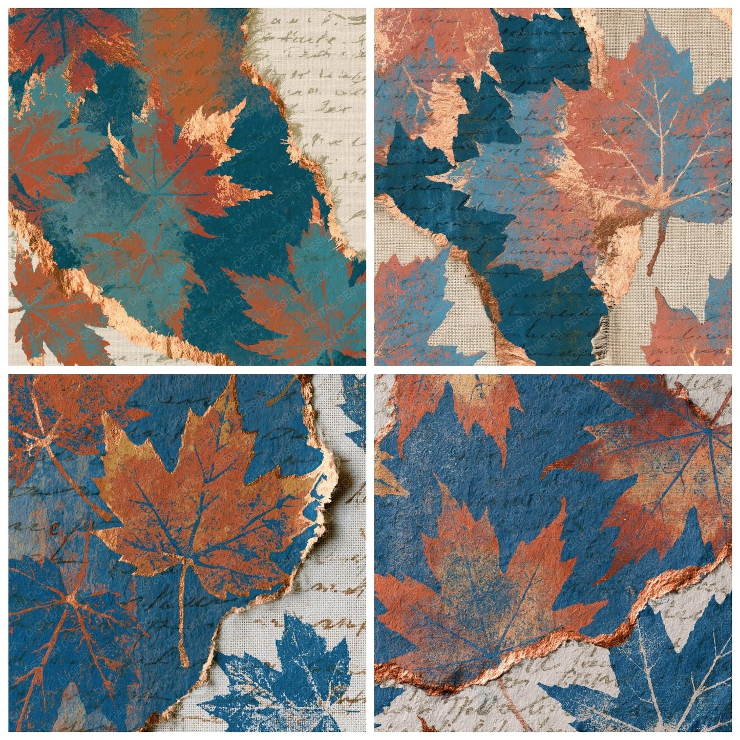 Torn Paper Maple Leaves Terracotta Azure Digital Paper Pack (DDD015458)