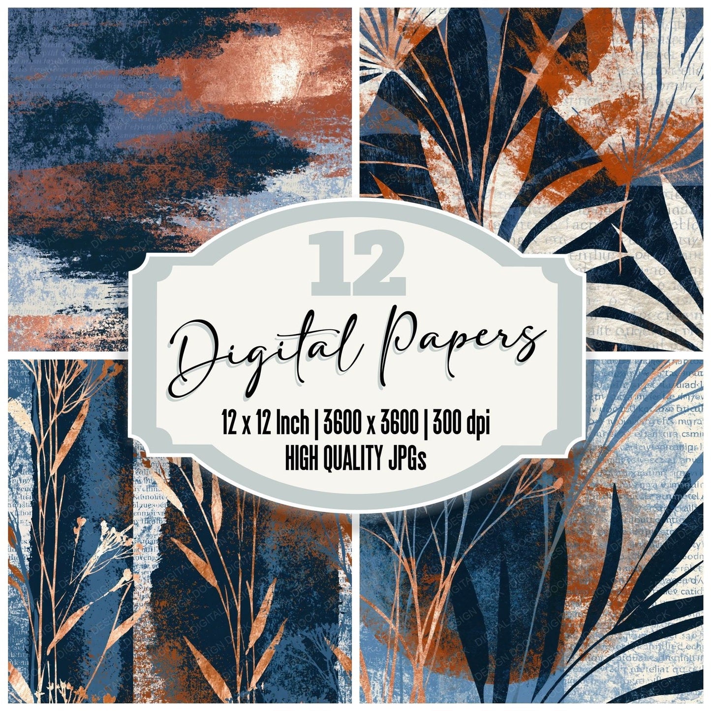 Woodblock Navy Chalk Rust Abstract Digital Paper Pack (DDD015461)