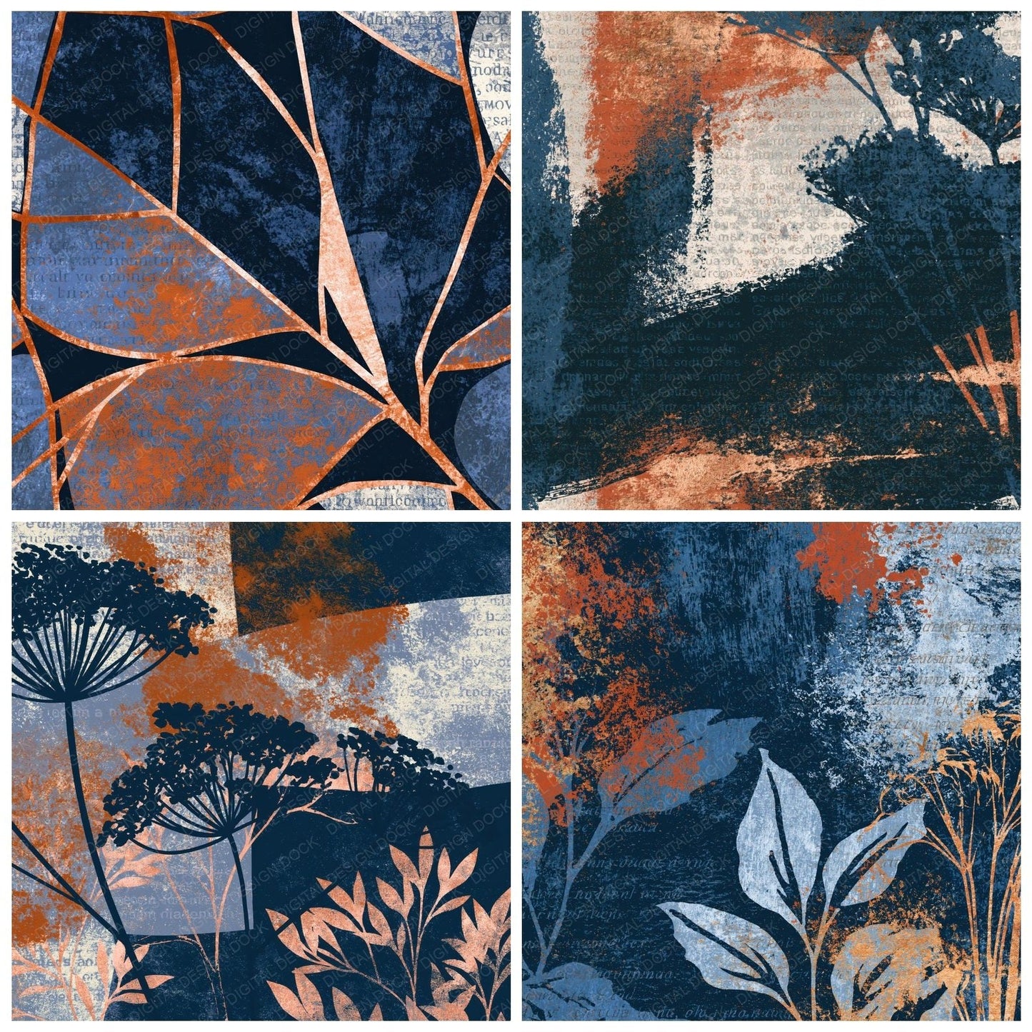 Woodblock Navy Chalk Rust Abstract Digital Paper Pack (DDD015461)