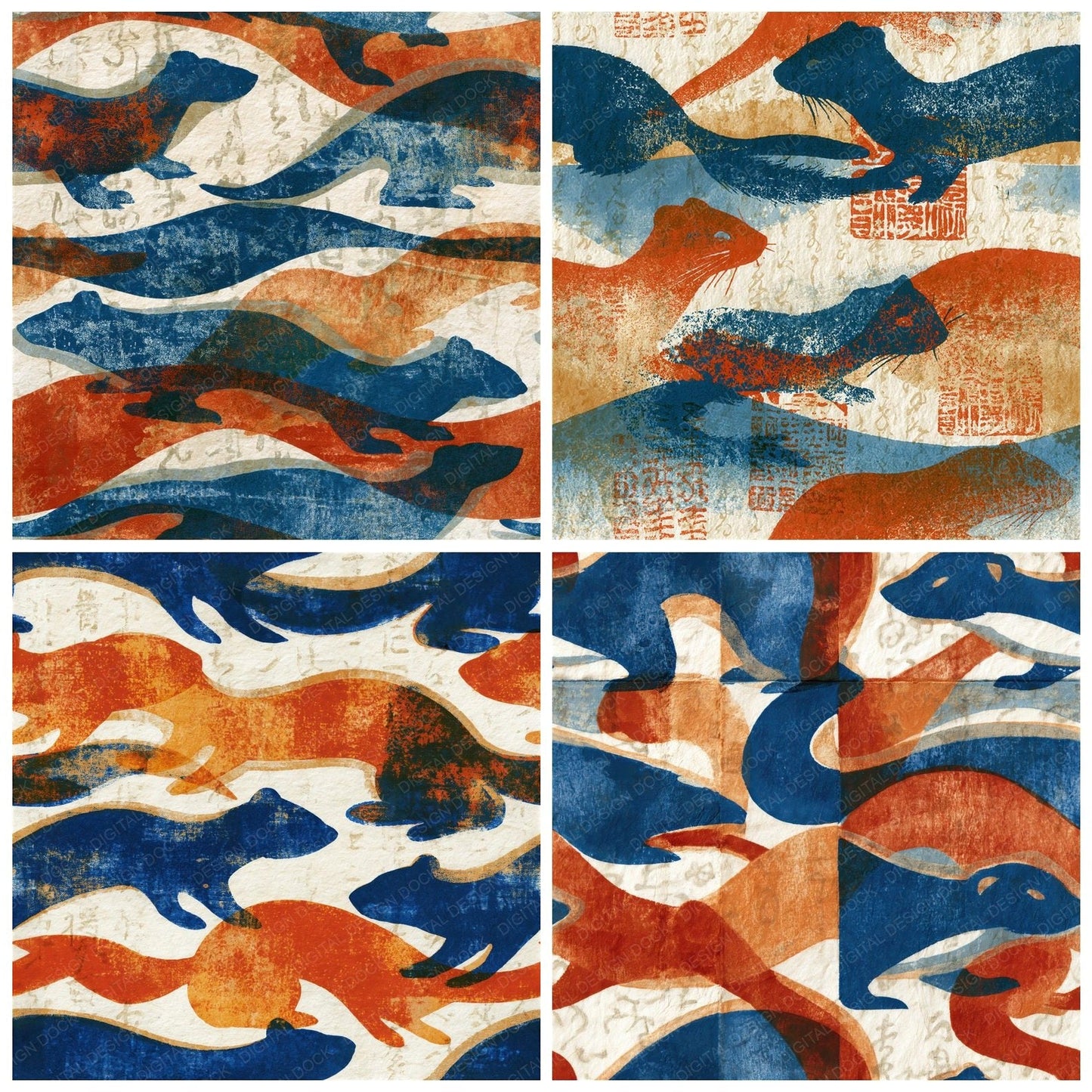 Indian Blockprint Weasel Cobalt Terracotta Seamless Digital Paper Pack (DDD015469)