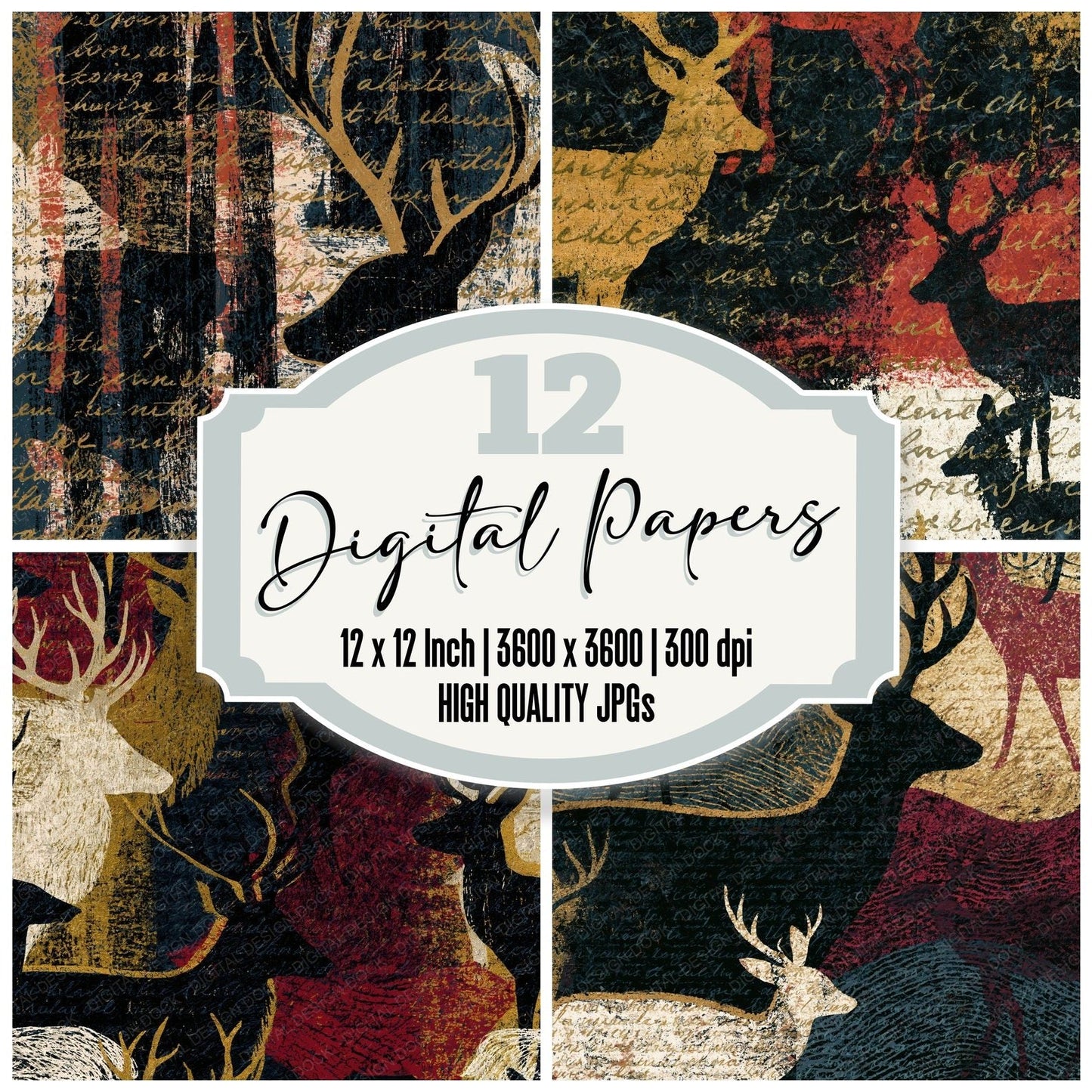 Scratchboard Deer Oxblood Ivory Digital Paper Pack (DDD015474)