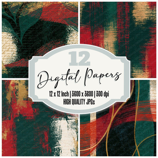 Scratchboard Emerald Ruby Ivory Abstract Digital Paper Pack (DDD015475)