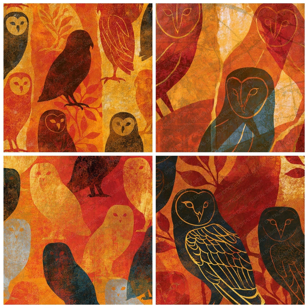 Four Torn Paper Tawny Owls Saffron Rust digital papers from the pack shown in a grid