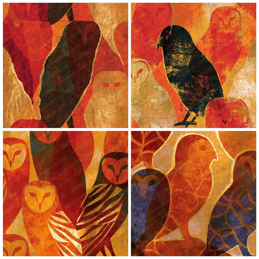 Four more Torn Paper Tawny Owls Saffron Rust digital papers from the pack shown in a grid