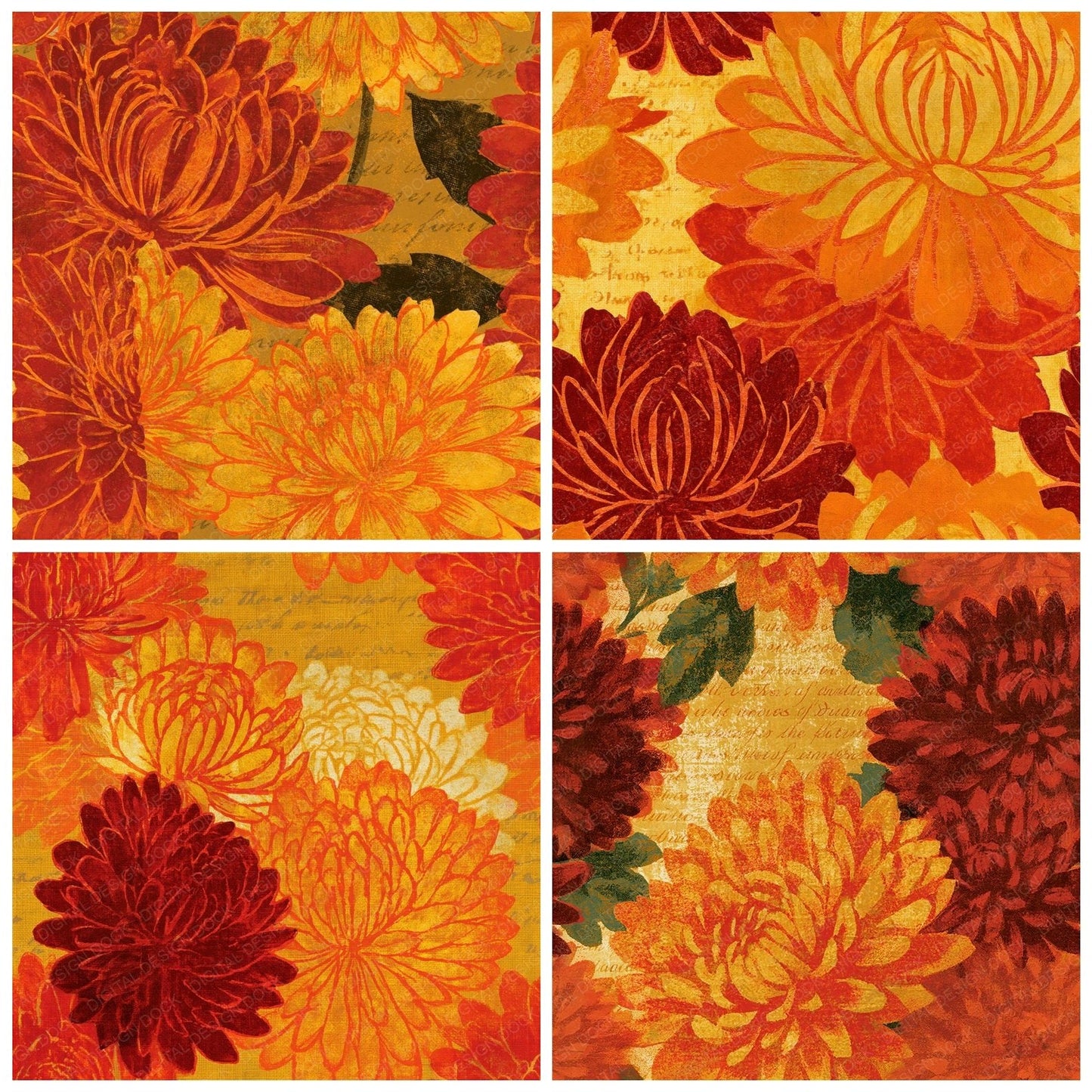 Woodblock Chrysanthemum Saffron Rust Seamless Digital Paper Pack (DDD015481)