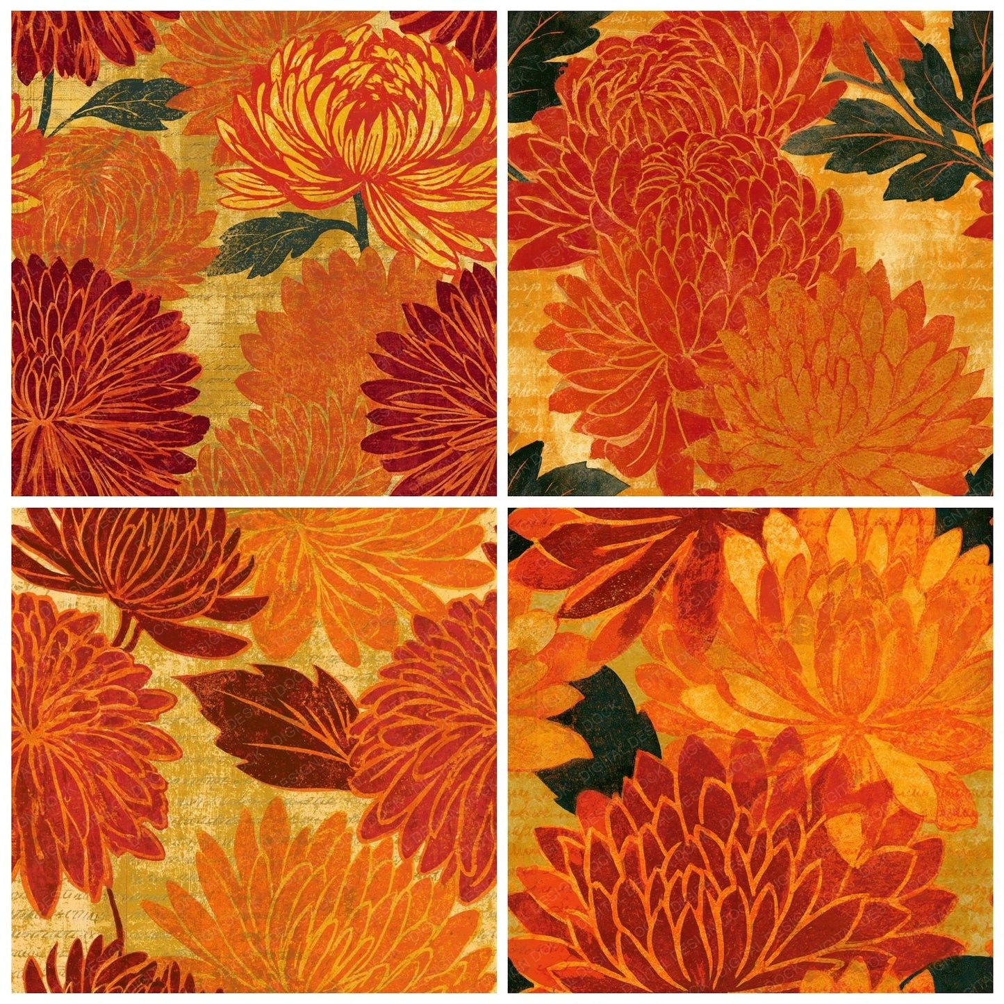 Woodblock Chrysanthemum Saffron Rust Seamless Digital Paper Pack (DDD015481)