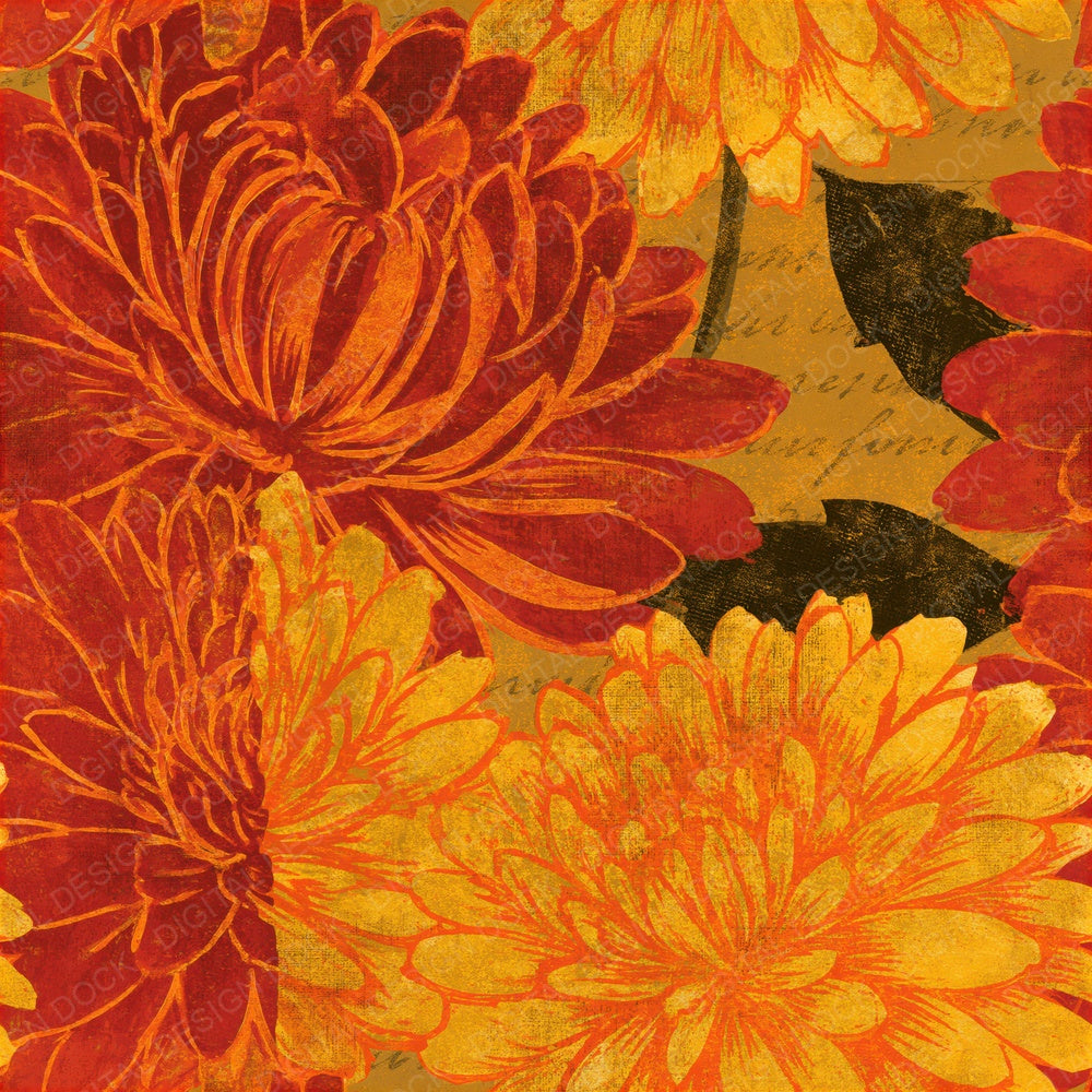 Woodblock Chrysanthemum Saffron Rust Seamless Digital Paper Pack (DDD015481)