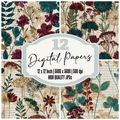 Blueprint Meadow Flowers Malachite Burgundy Seamless digital paper pack cover showing four of the 12 papers
