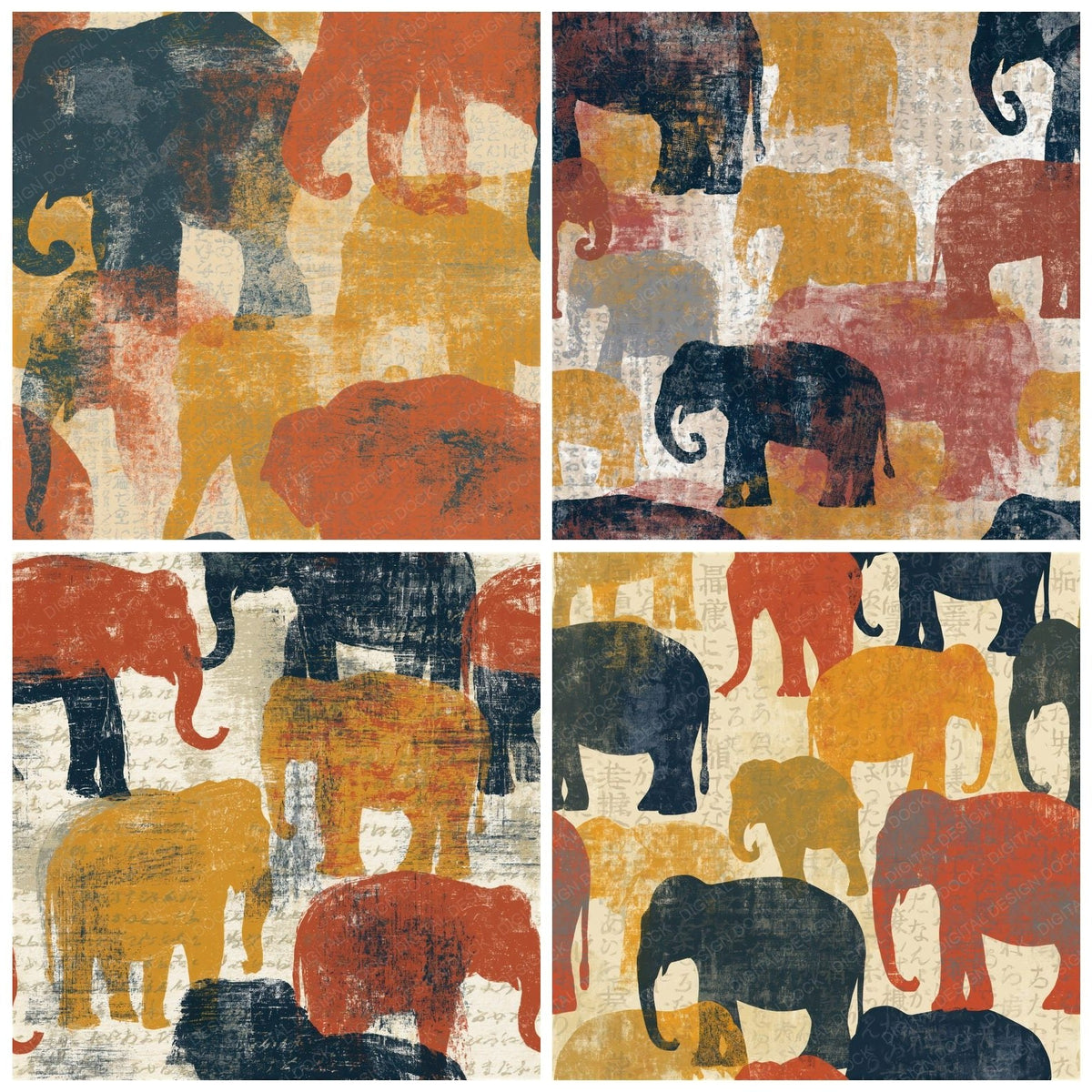 Four Screenprint Elephants Terracotta Mustard Seamless digital papers from the pack shown in a grid