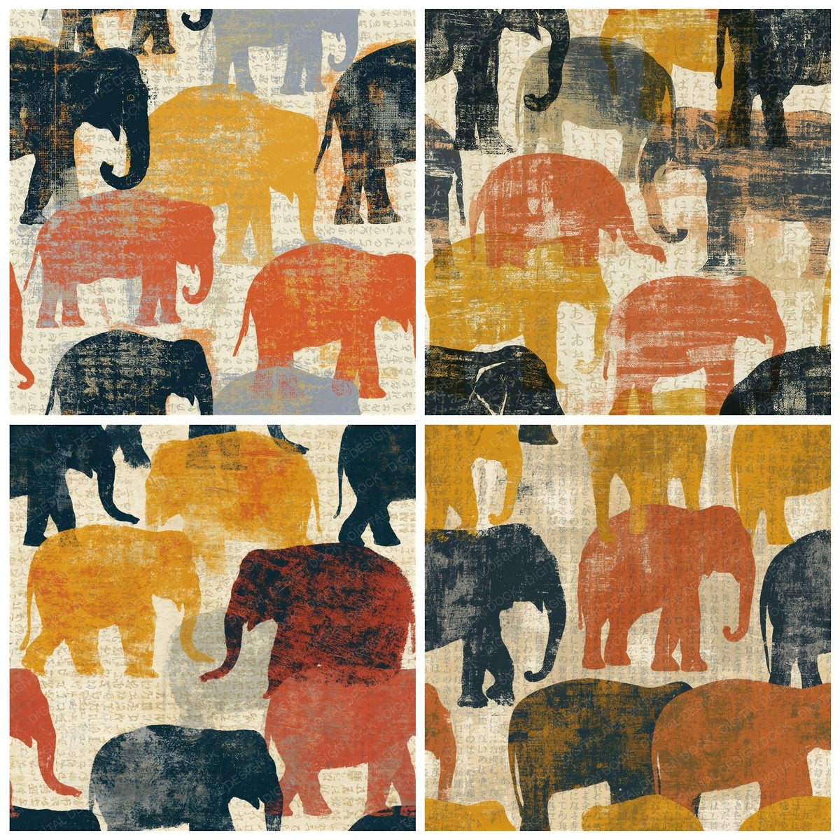 Four more Screenprint Elephants Terracotta Mustard Seamless digital papers from the pack shown in a grid