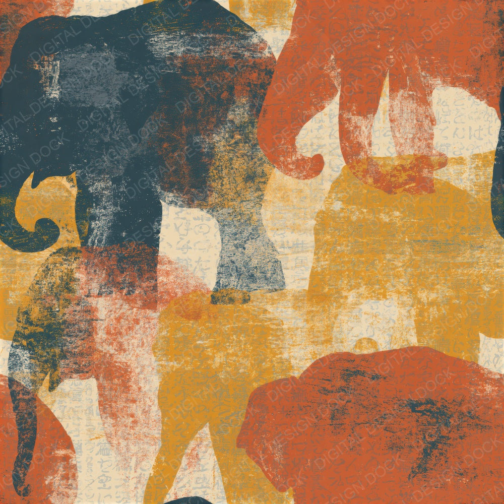 Single Screenprint Elephants Terracotta Mustard Seamless digital paper shown full size